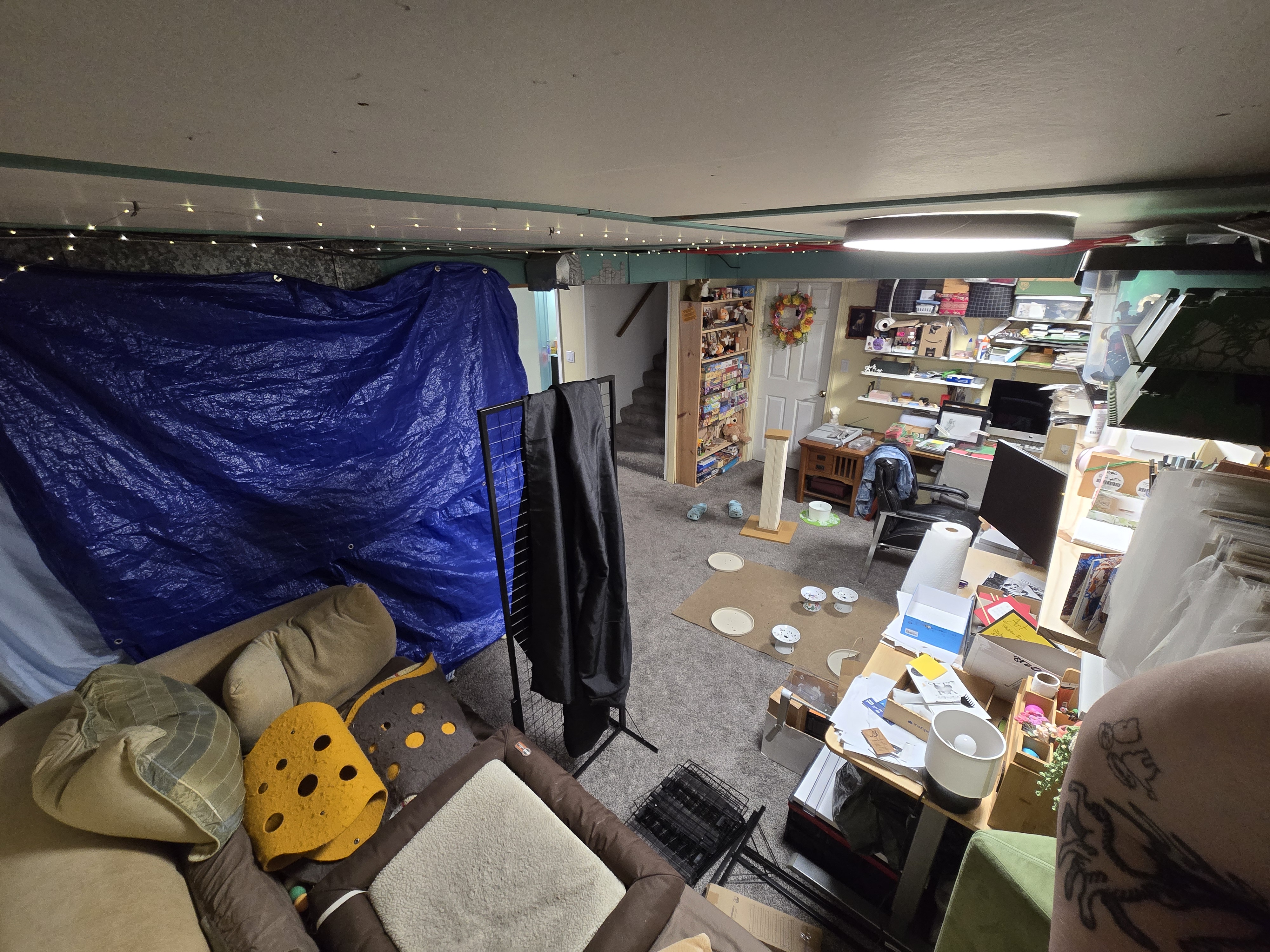 The basement in 2025. My sister and her partner are living down here, so part of the space is blocked off with a tarp. Also it's a mess, because, yanno, life lately.