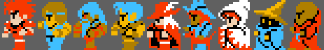 A row of idle sprites for the Final Fantasy character classes, now with three new characters of my own invention added.