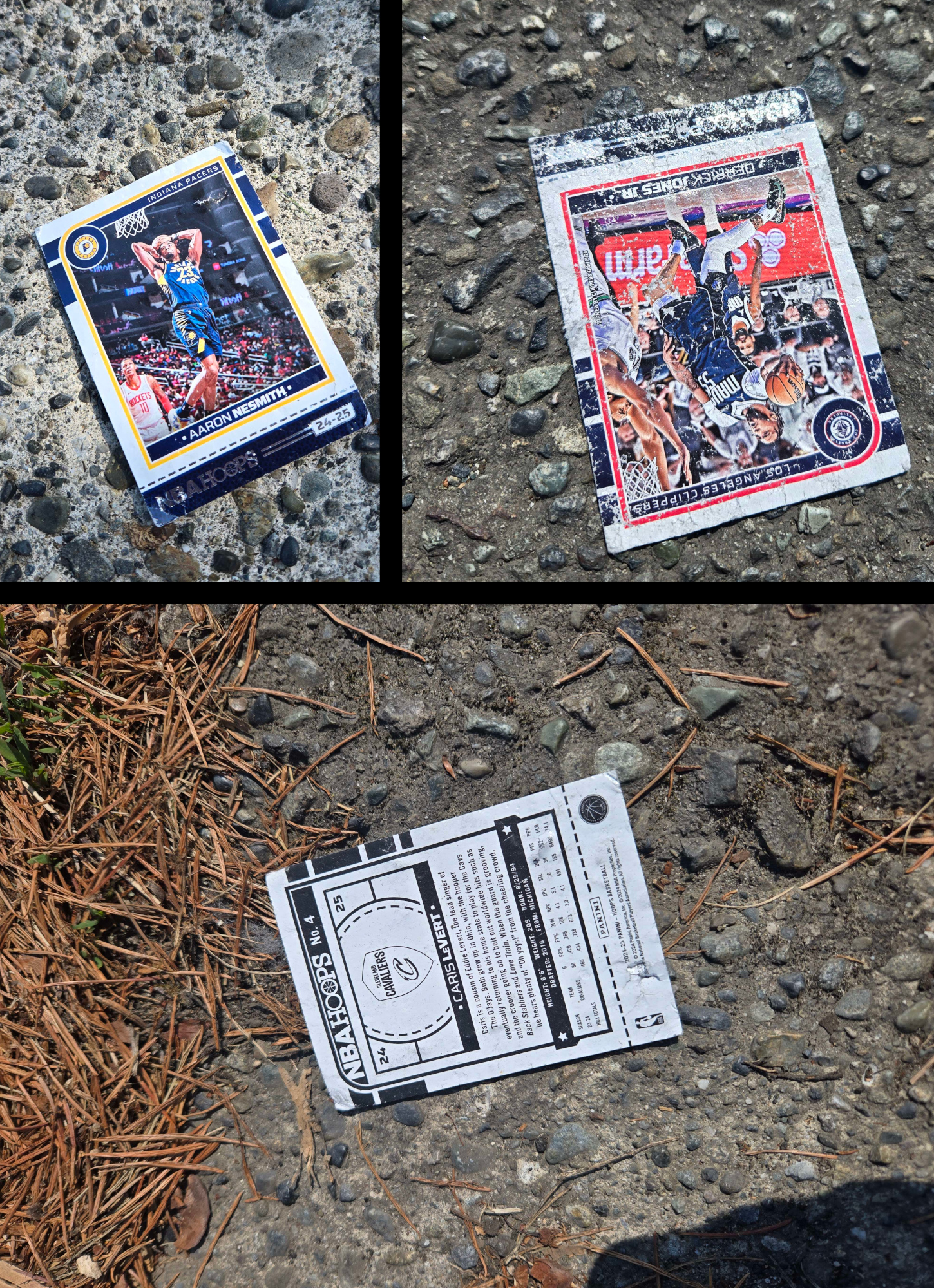 Three photographs of basketball cards in the street. They've clearly been out for awhile, water damaged and walked on.